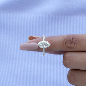 Close-Up View of Marquise Shaped Diamond Solitaire Ring In White Gold