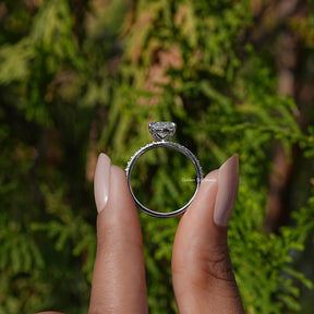 Back View of A  Marquise Cut Lab Diamond Wedding Ring Set in two fingers