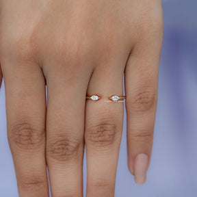 In finger front view of  Lab Diamond Open Cuff Two Stone Ring in unique shape