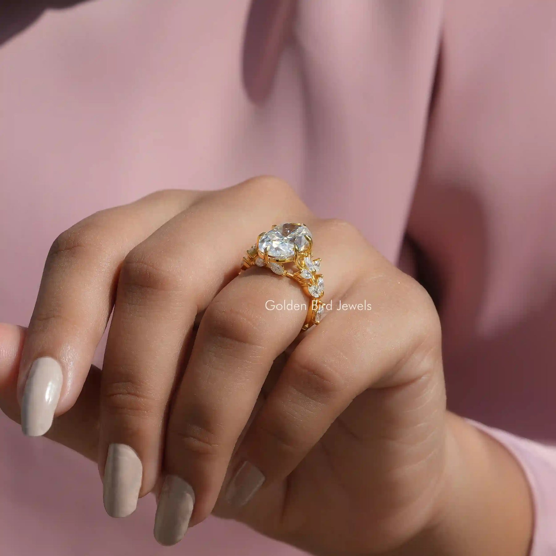 View of Oval & Marquise Shaped Moissanite Wedding Ring In Finger