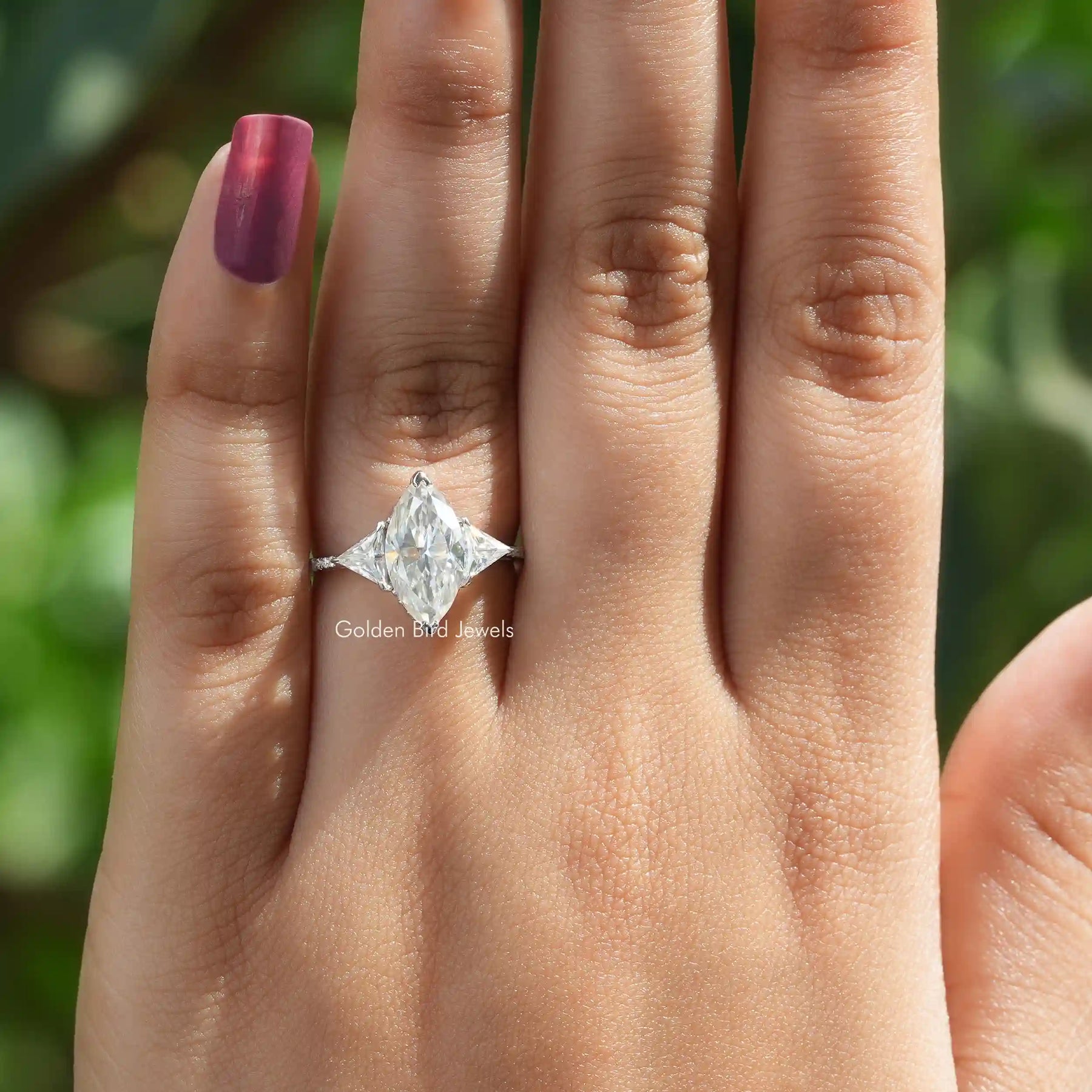 Close-Up View of Moissanite Marquise Cut Hidden Halo Ring In White Gold