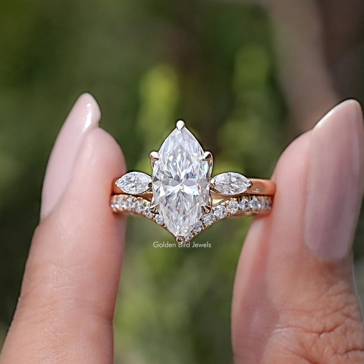 Marquise Cut Moissanite Three Stone Bridal Ring Set