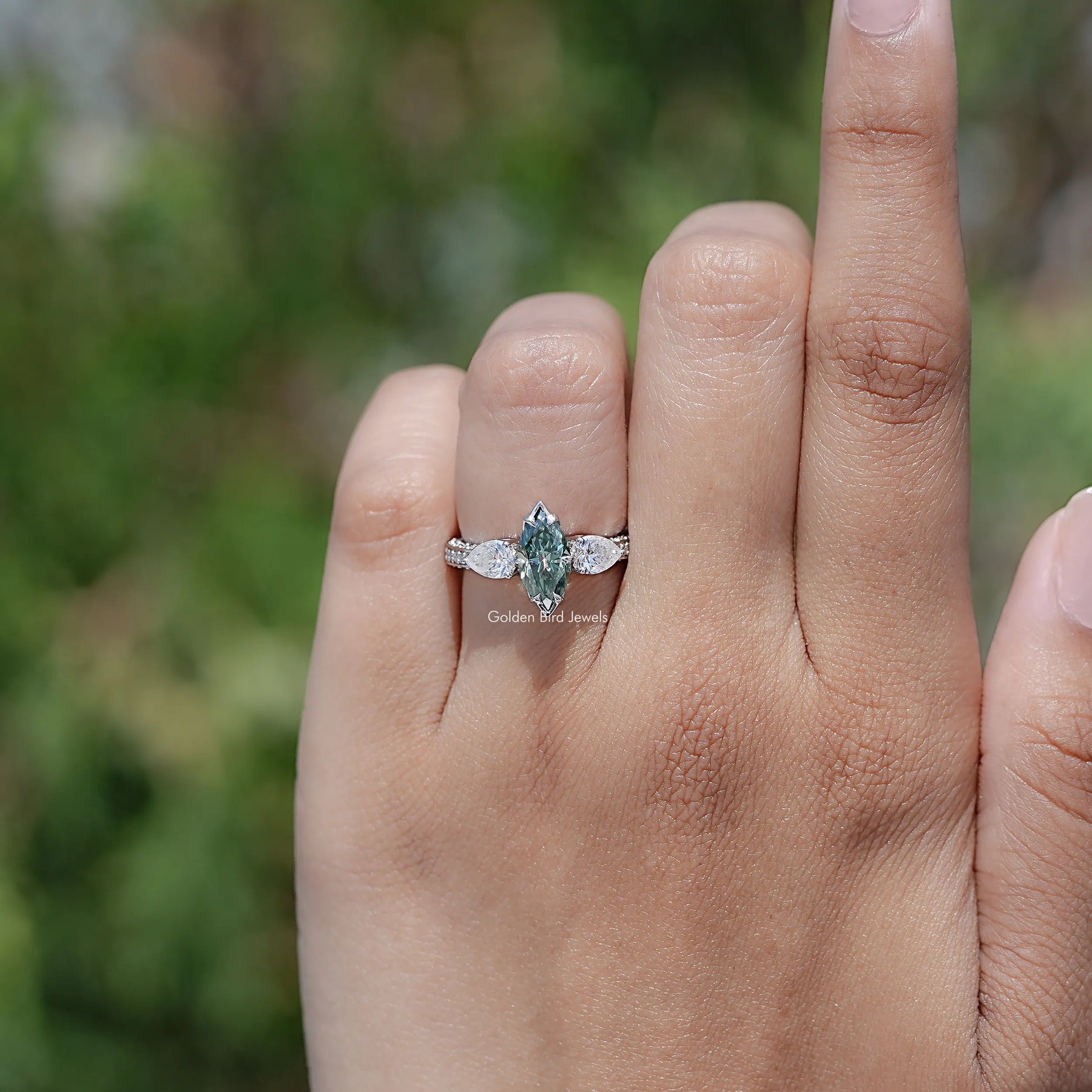 Blue Marquise Cut Moissanite Three Stone Ring