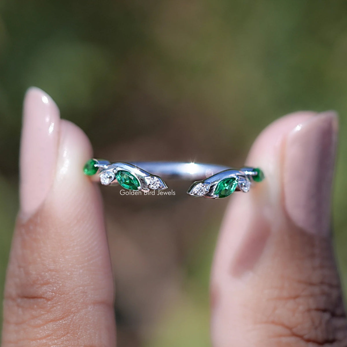 Front view of Marquise Gemstone Open Cuff Wedding Band