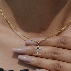 Close-Up View of Marquise Lab Diamond Cross Pendant In Yellow Gold