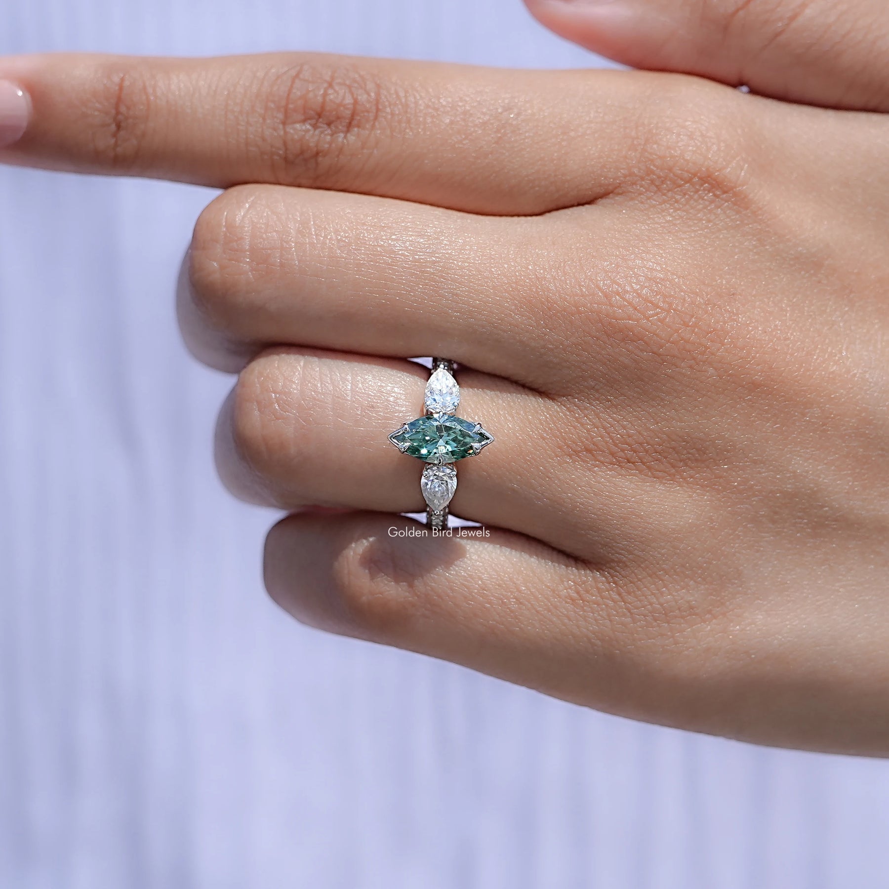 Blue Marquise Cut Moissanite Three Stone Ring