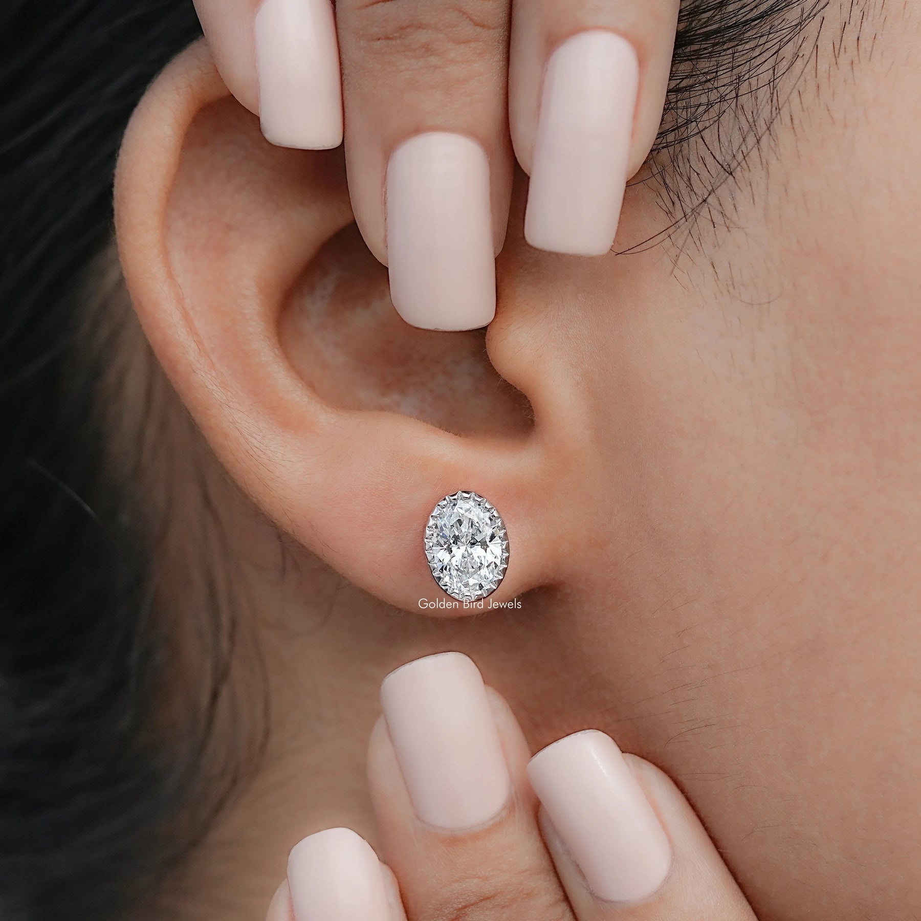 Oval Shaped Lab Diamond Milgrain Bezel Studs