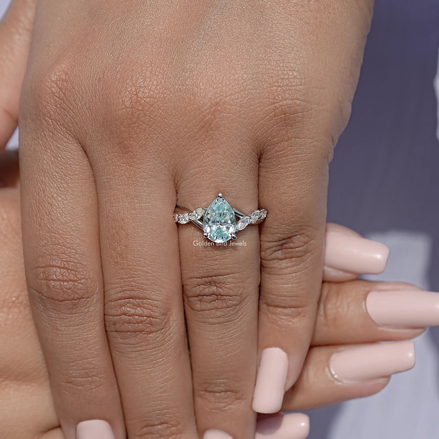 Blue Pear Moissanite Floral Anniversary Ring