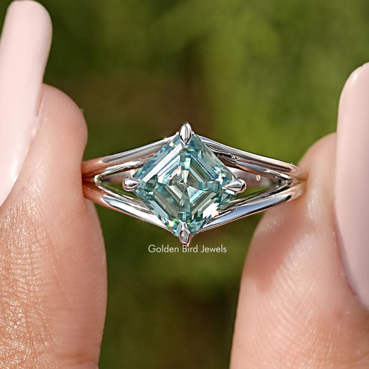 Asscher Cut Moissanite Gemstone Split Shank Ring