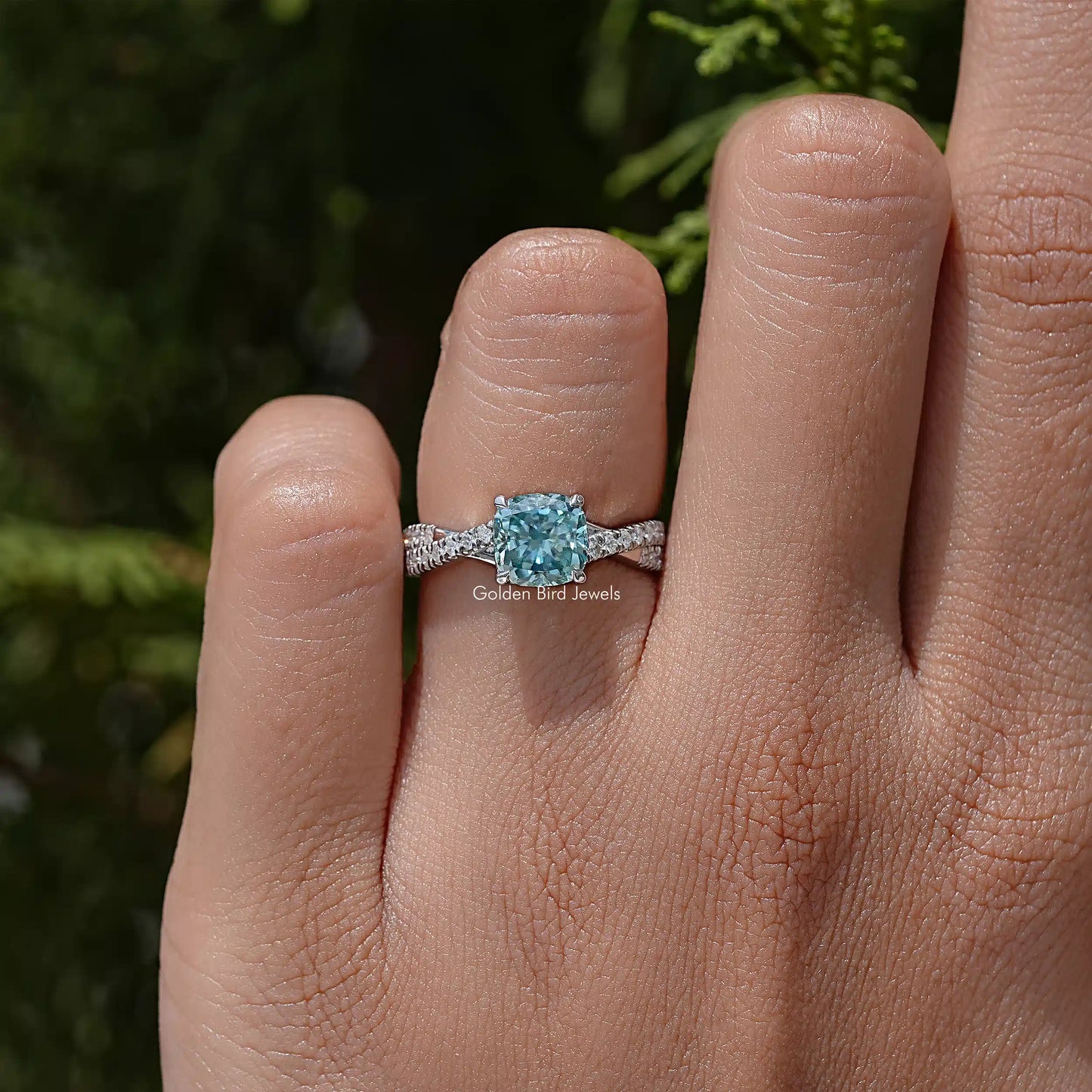 Cushion Moissanite Gemstone Twisted Accent Engagement Ring