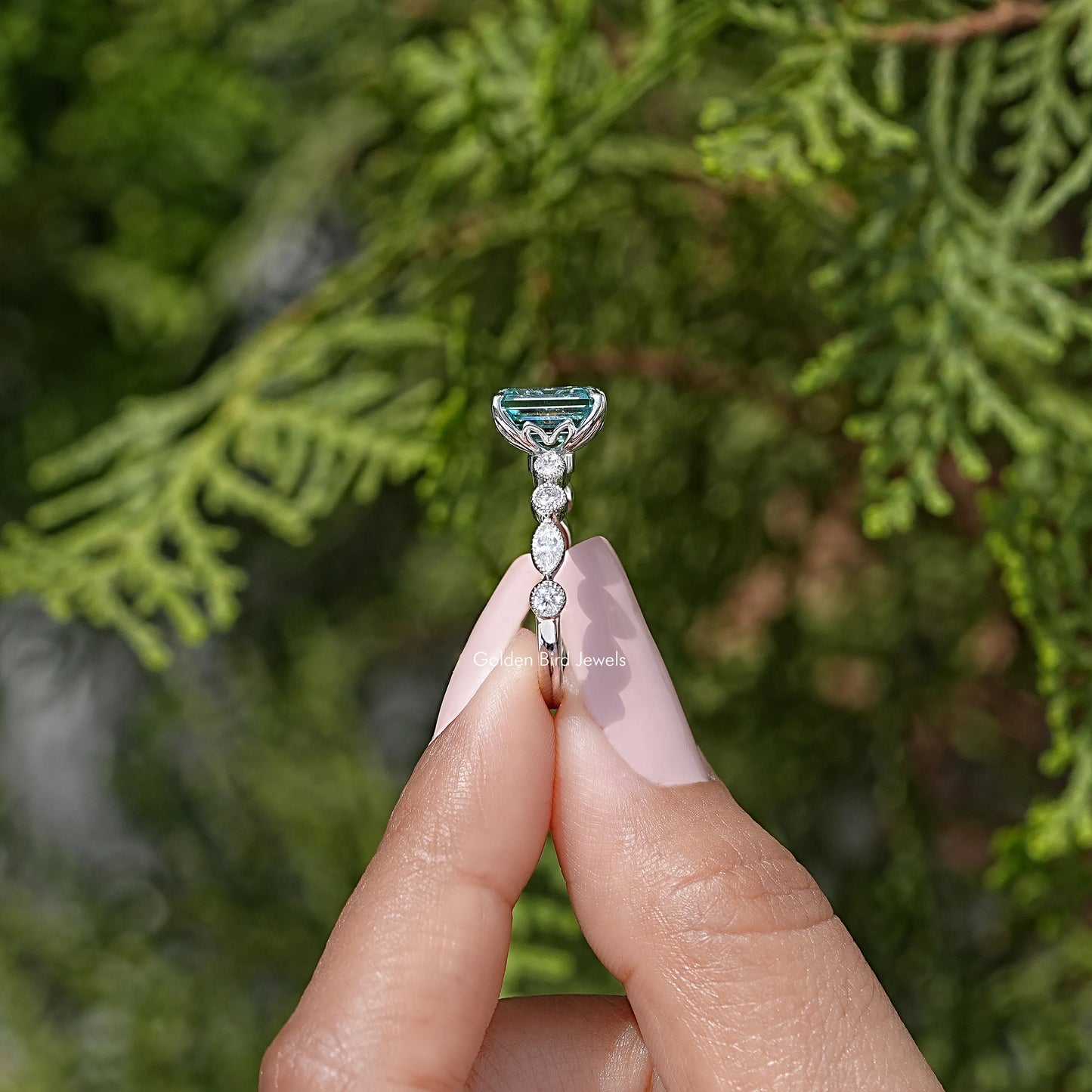 Emerald Cut Moissanite Gemstone Engagement Ring