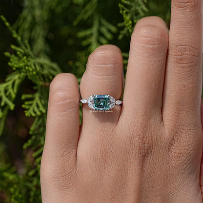 Dark Green Asscher Cut Moissanite Gemstone Wedding Ring