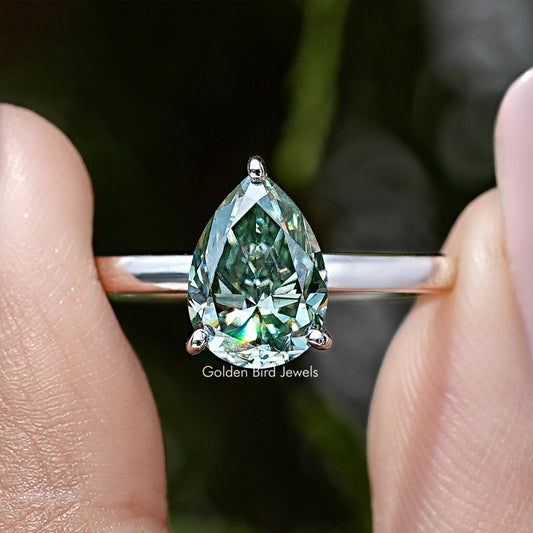 Pear Cut Moissanite Gemstone Hidden Halo Engagement Ring