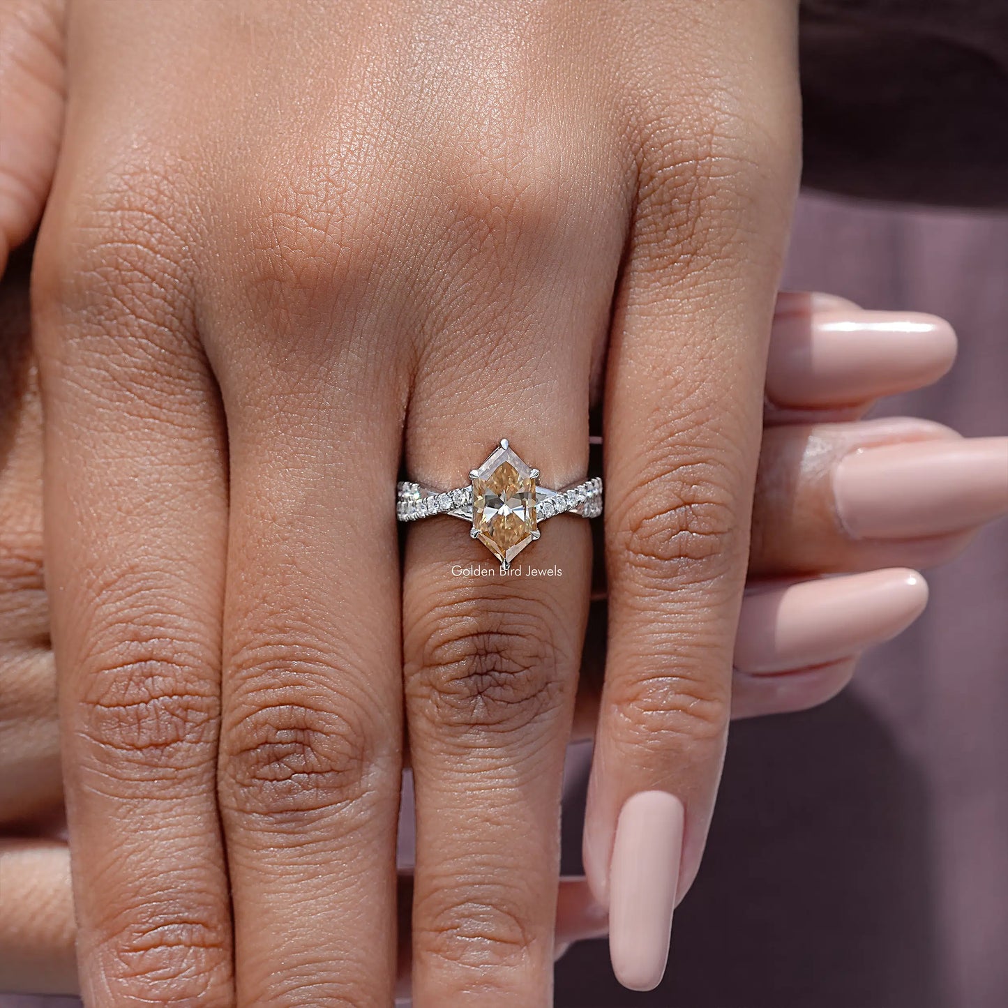 Dutch Marquise Moissanite Gemstone Twisted Shank Accent Ring
