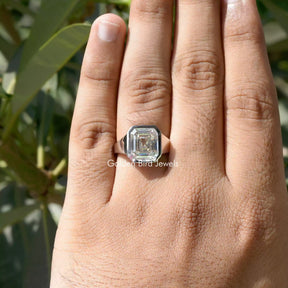 In Finger view of Asscher cut moissanite halo Ring  