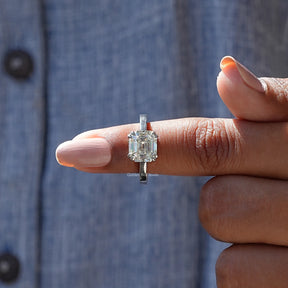In finger front View of Asscher Cut Moissanite Engagement Ring In White Gold
