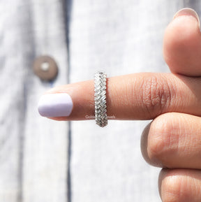 In finger front View of Baguette Cut Moissanite Wedding Band