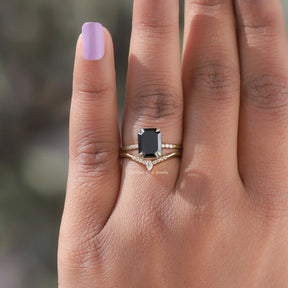 Emerald Cut Moissanite Bridal Ring Set In finger