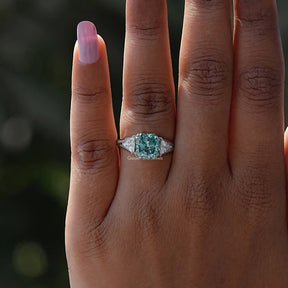 Close-Up View of Blue Radiant Cut Moissanite Accent Stone Ring