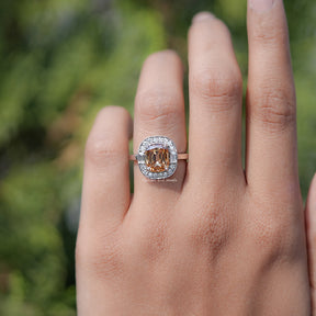 In finger view of Cushion Moissanite Halo Engagement Ring