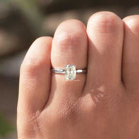 Close-Up View of Solitaire Cushion Cut Moissanite Ring In White Gold