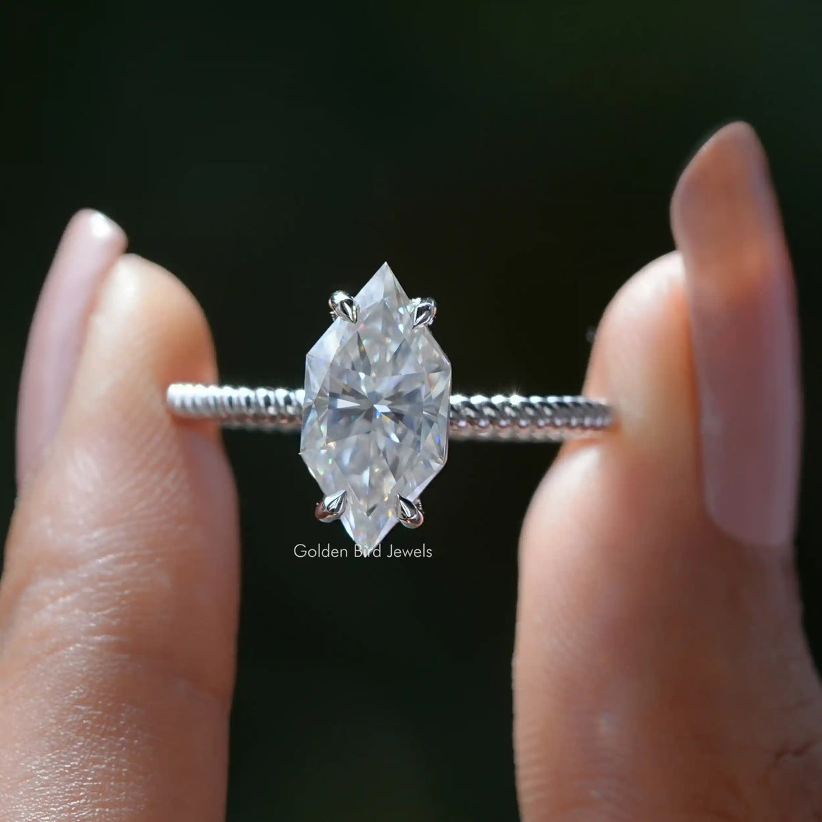 Front View of Moissanite Dutch Marquise Cut Engagement Ring In Finger