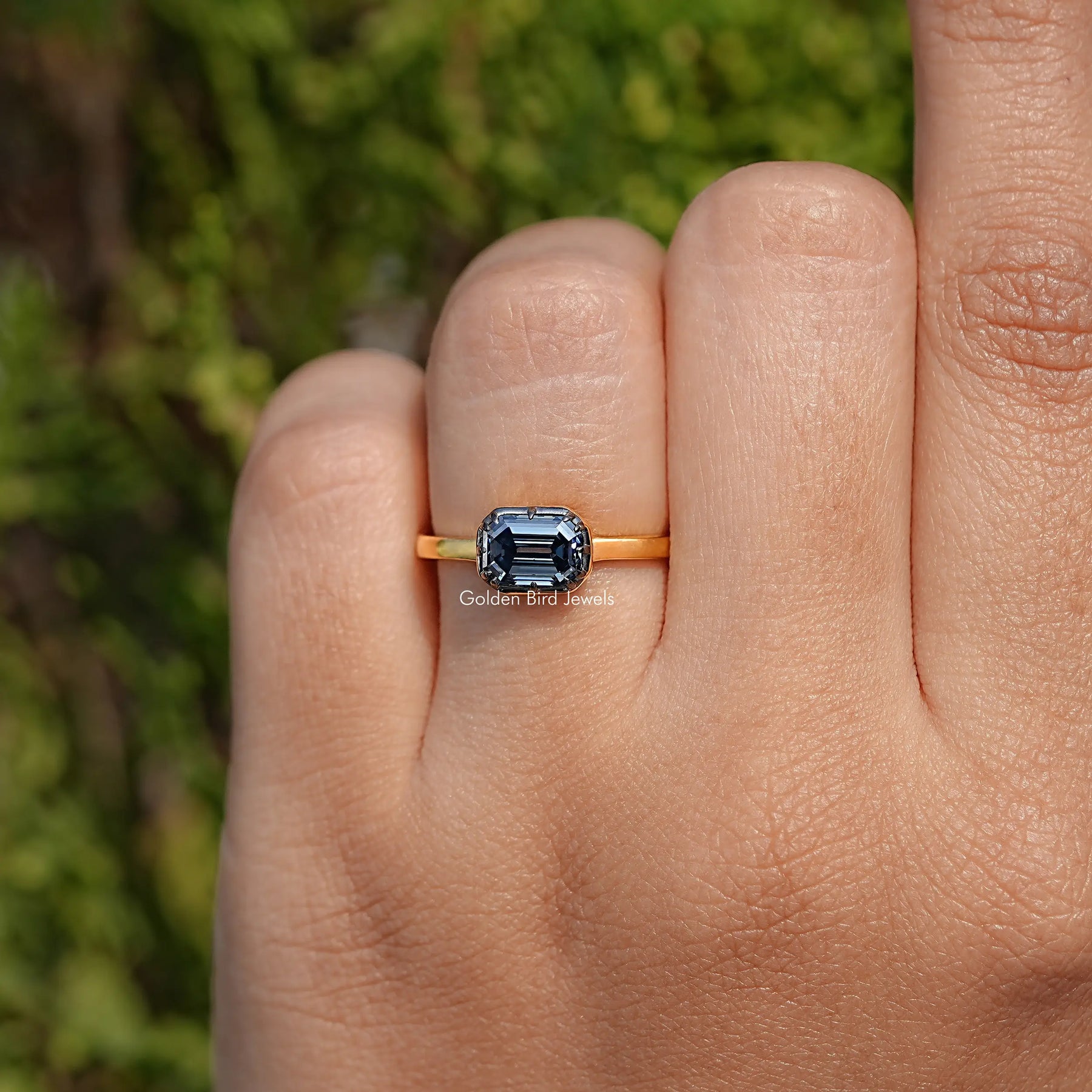 East West Old Mine Emerald Moissanite Solitaire Ring