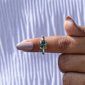 In finger front View of Radiant Cut Moissanite Engagement Ring In White Gold