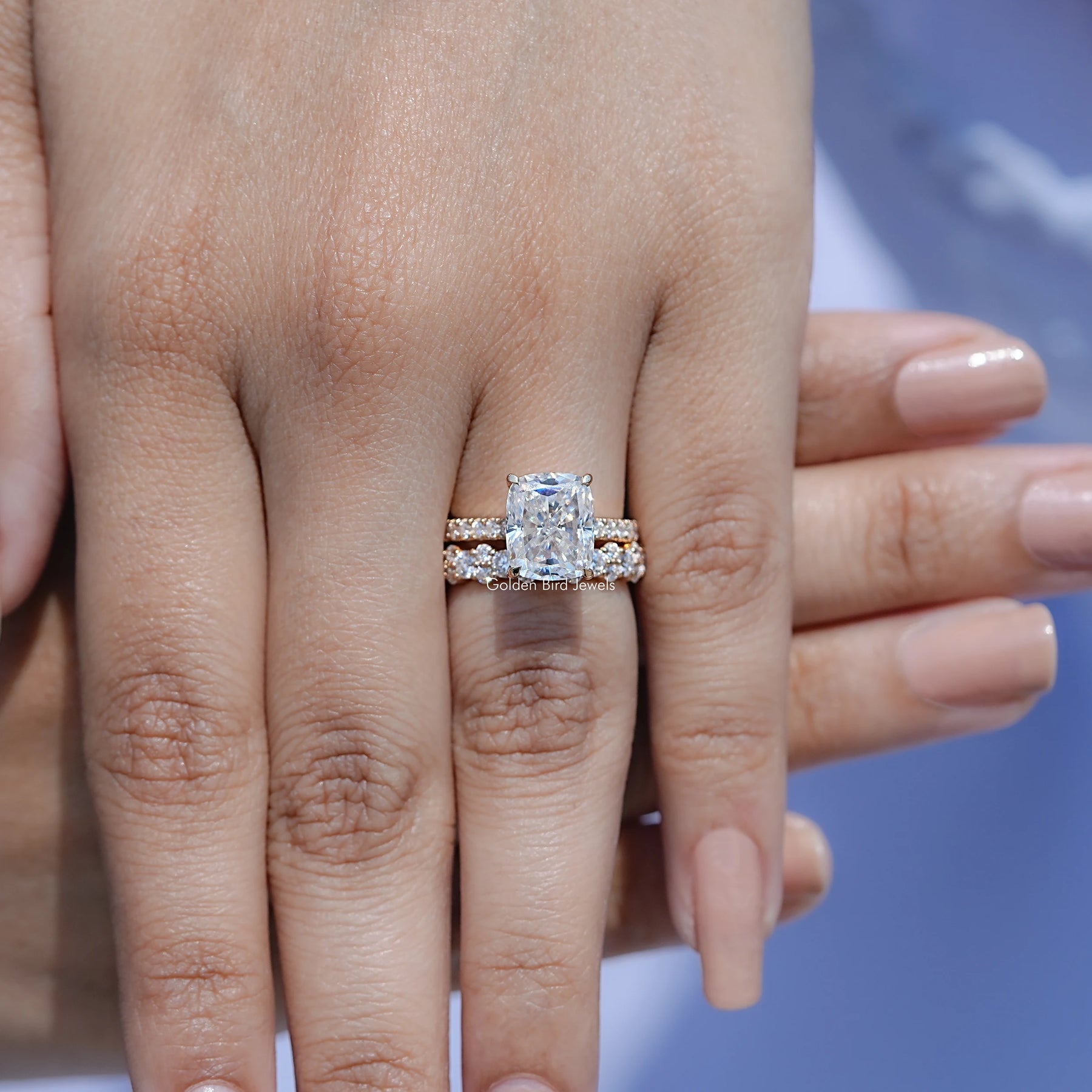 Elongated Cushion Cut Moissanite Ring Set