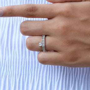 East West Emerald Cut Moissanite Pave Ring In finger
