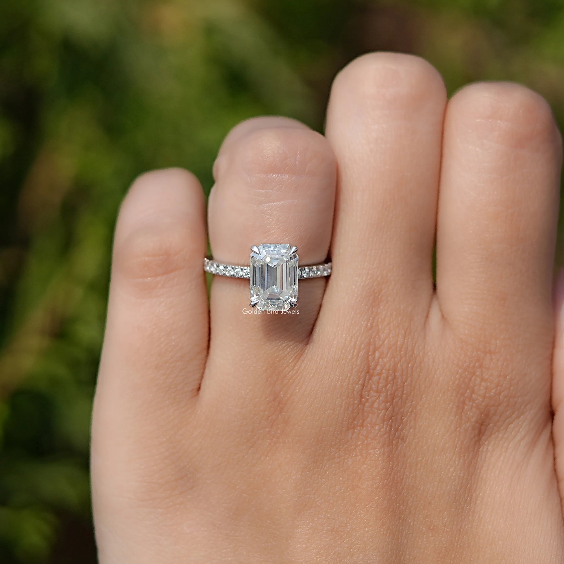 Close view of Emerald Cut Moissanite Solitaire Ring