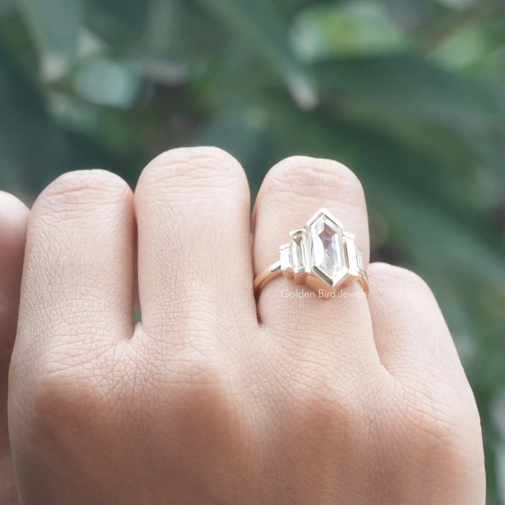 View of Baguette Cut Moissanite Engagement Ring In White Gold