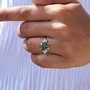 Detailed View Of Radiant And Baguette Cut Engagement Ring In White Gold