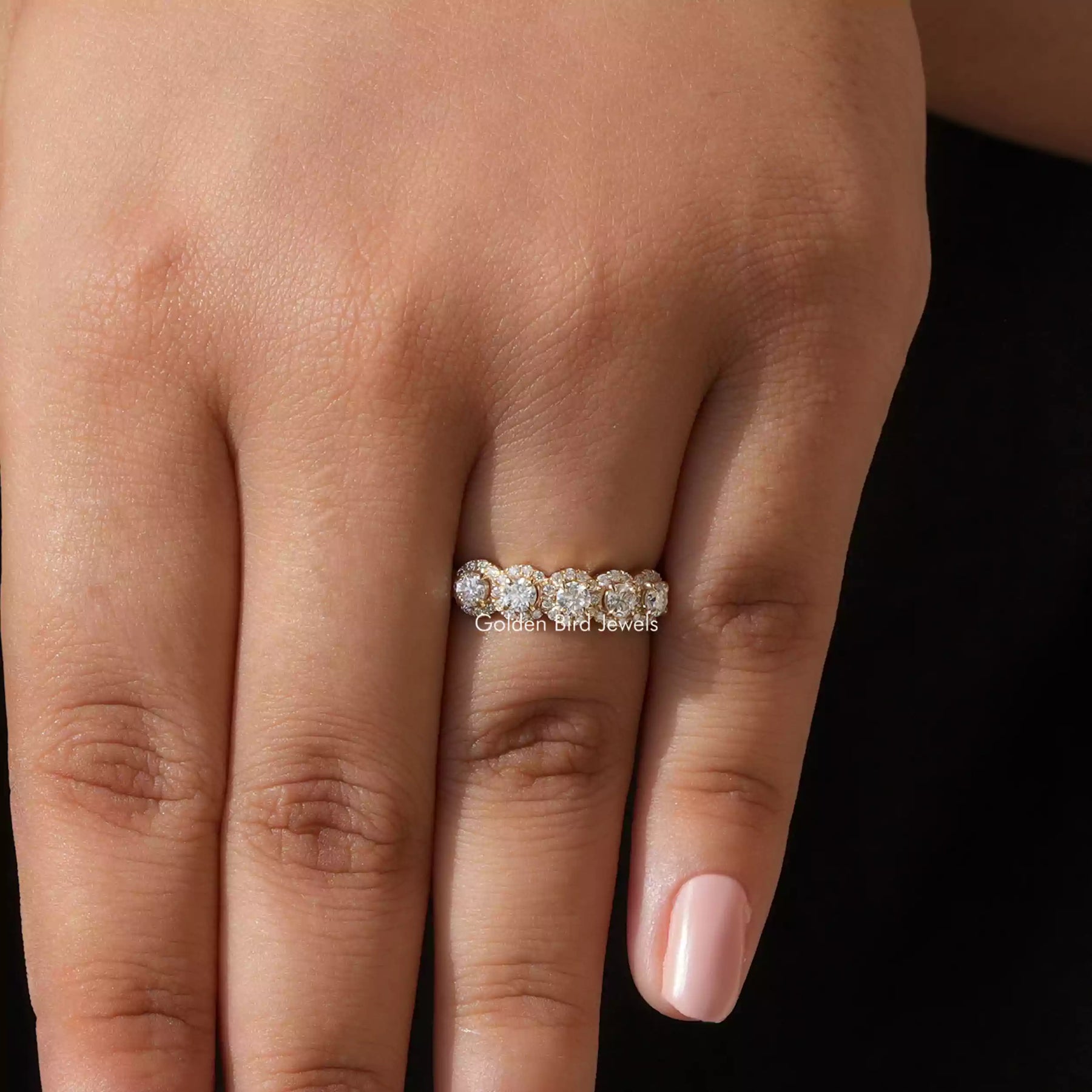 View of Round Cut Moissanite Wedding Band In Finger