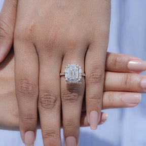 Emerald And Baguette Moissanite Halo Engagement Ring