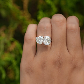 View of Heart And Old Mine Cushion Toi Et Moi Ring In Finger