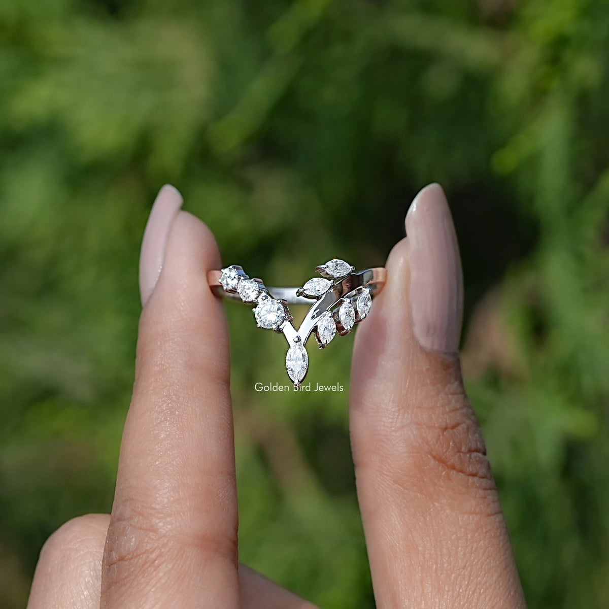 [Round And Marquise Cut V Shaped Wedding Band]-[Golden Bird Jewels]