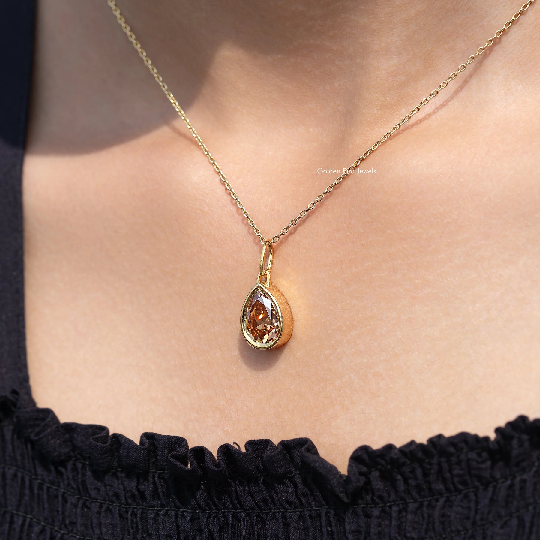 Detailed View Of Old Mine Pear Moissanite Pendant 