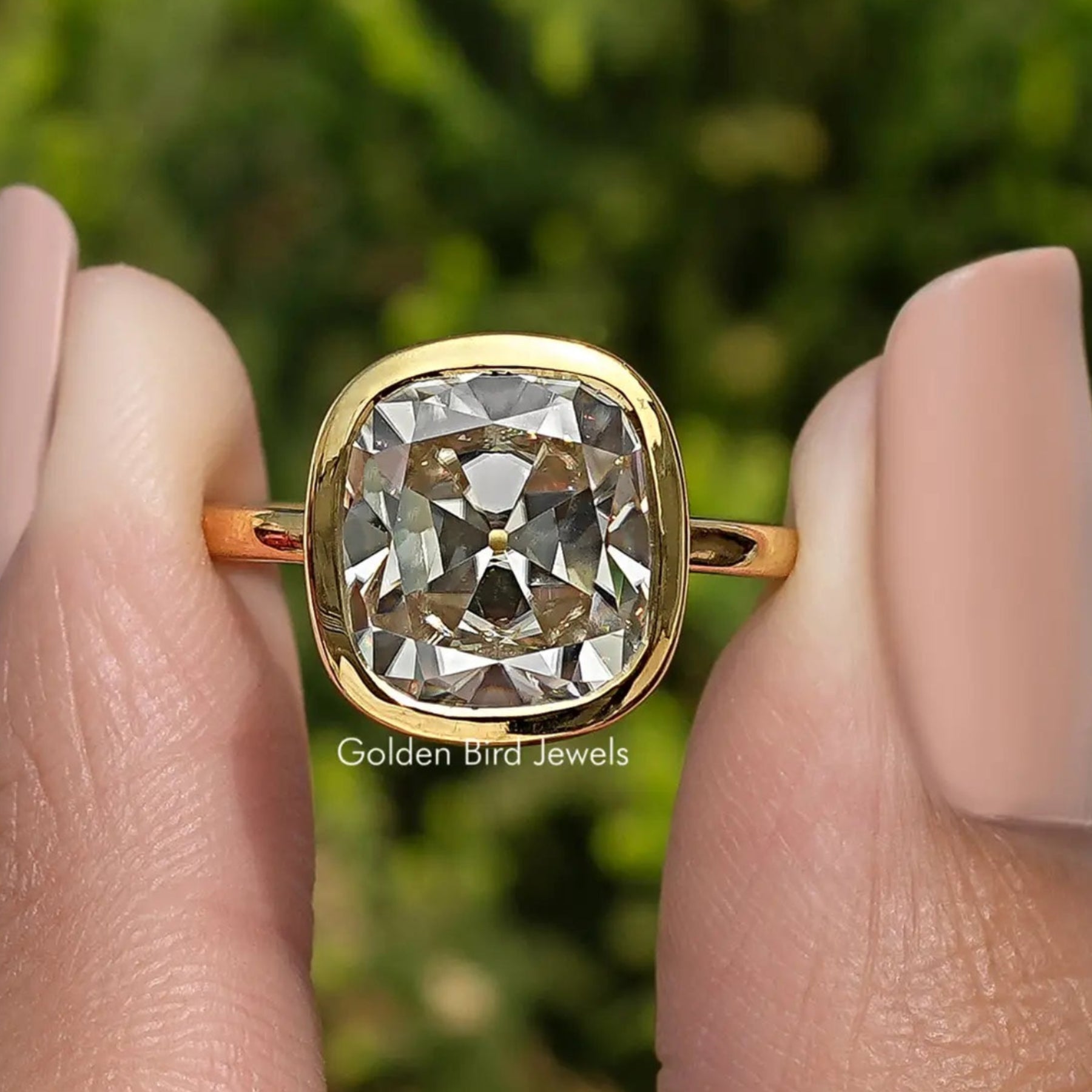 Moissanite Old Mine Cushion Cut Bezel Set Engagement Ring