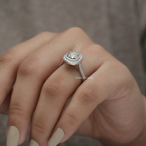View of Cushion And Round Cut Halo Ring In finger