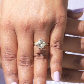 View of Old Mine Cushion Cut Moissanite Ring In finger