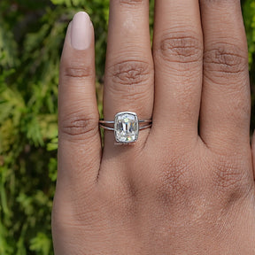 In Finger view of cushion cut moissanite halo Ring