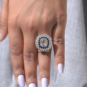 Close-Up View of Double Halo Moissanite Old Mine Cushion Cut Ring In White Gold