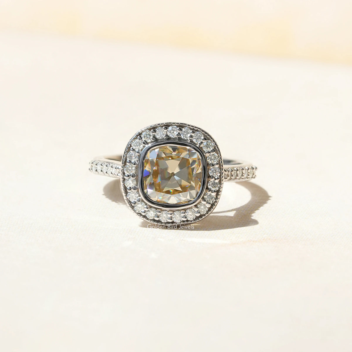 View of Yellow Cushion Cut Bezel Set Ring In finger