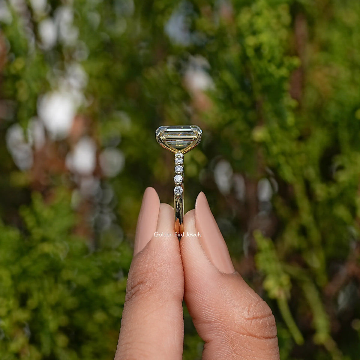 Moissanite Old Mine Emerald Accent Stone Ring