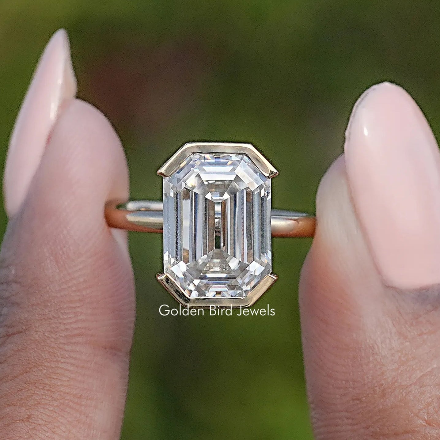 Near Colorless Old Mine Emerald Cut Moissanite Ring
