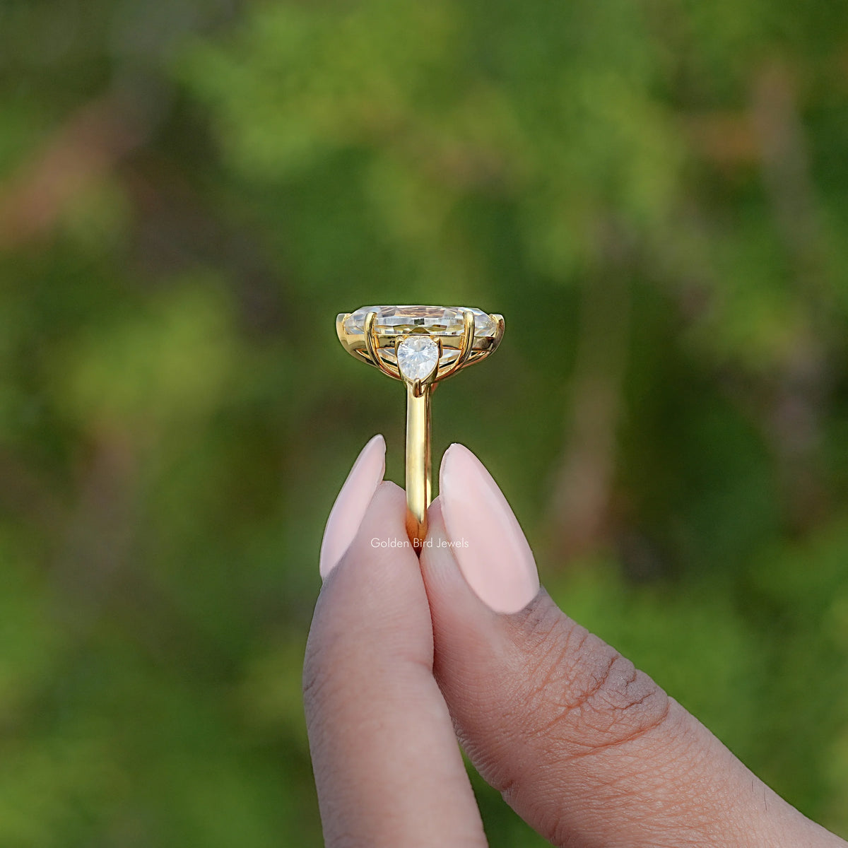 Old Mine Moval And Pear Moissanite Three Stone Ring