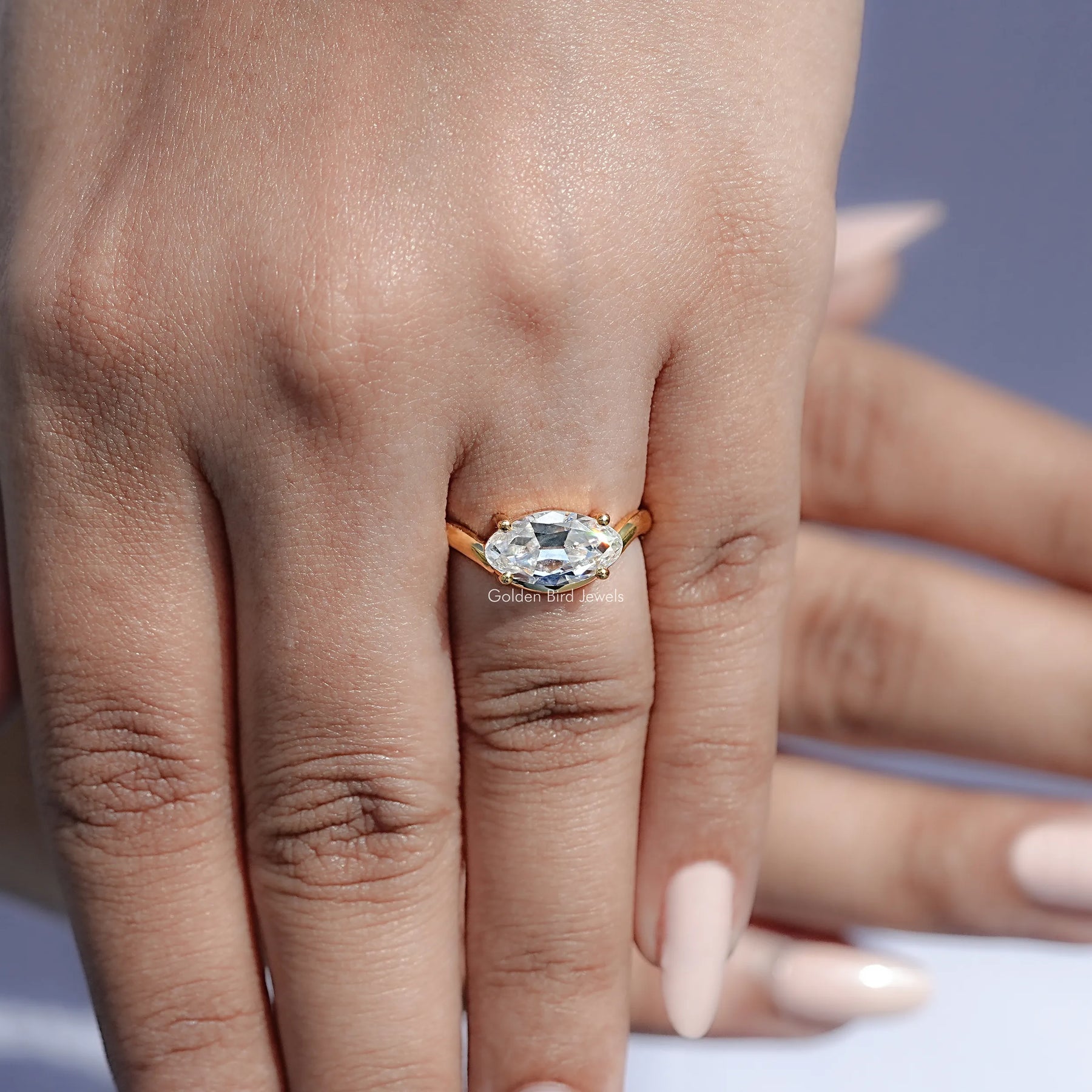 East West Old Mine Moval Cut Moissanite Solitaire Ring