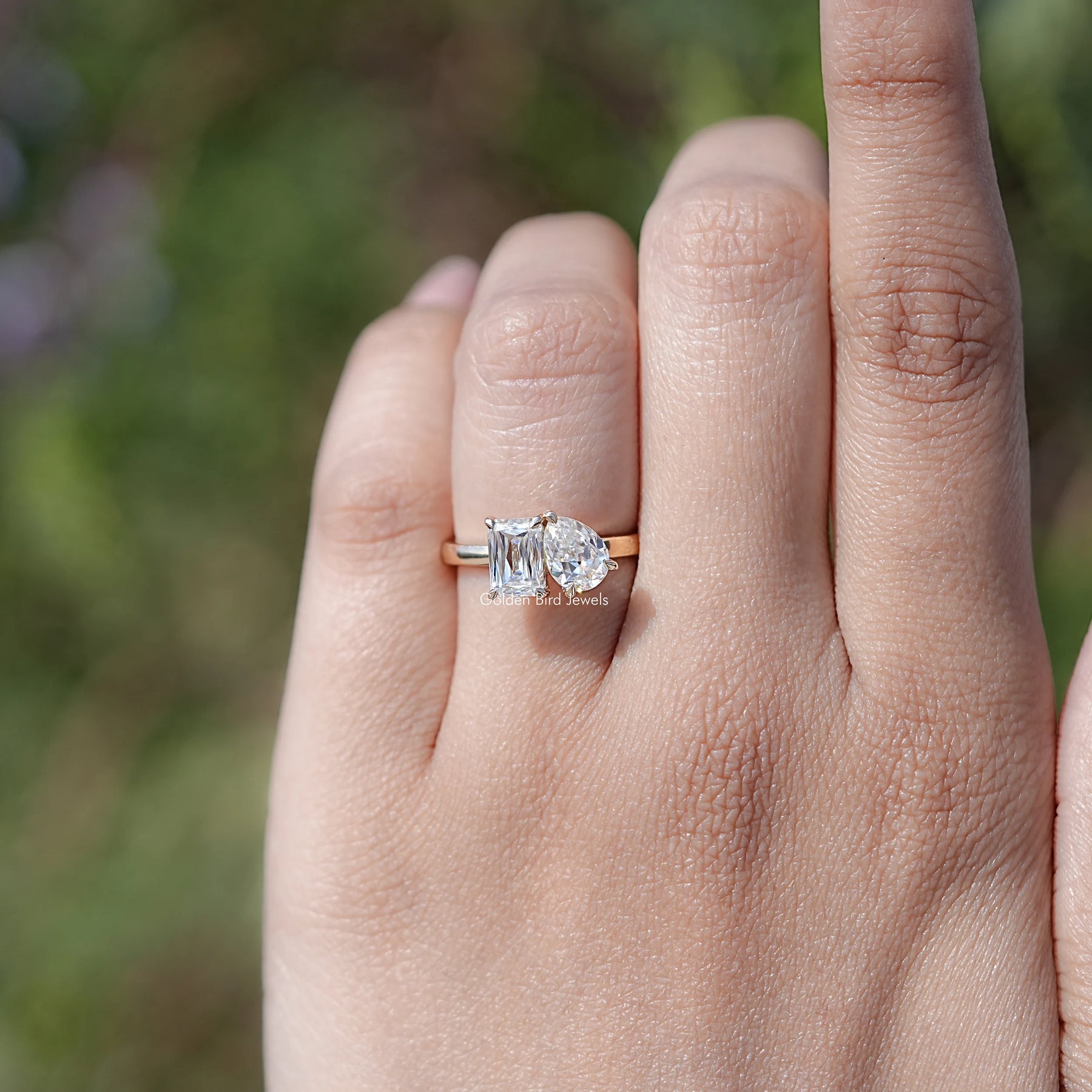 Old Mine Pear and Criss Cut Moissanite Toi Et Moi Ring