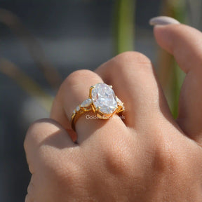 Detailed View Of Oval Cut Moissanite Solitaire Engagement Ring In Yellow Gold